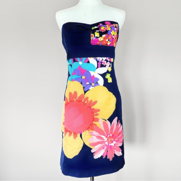 Trina Turk Navy Blue Floral Strapless Dress Women 4 Y2K Flower Hippie Fun Bold - Picture 1 of 9